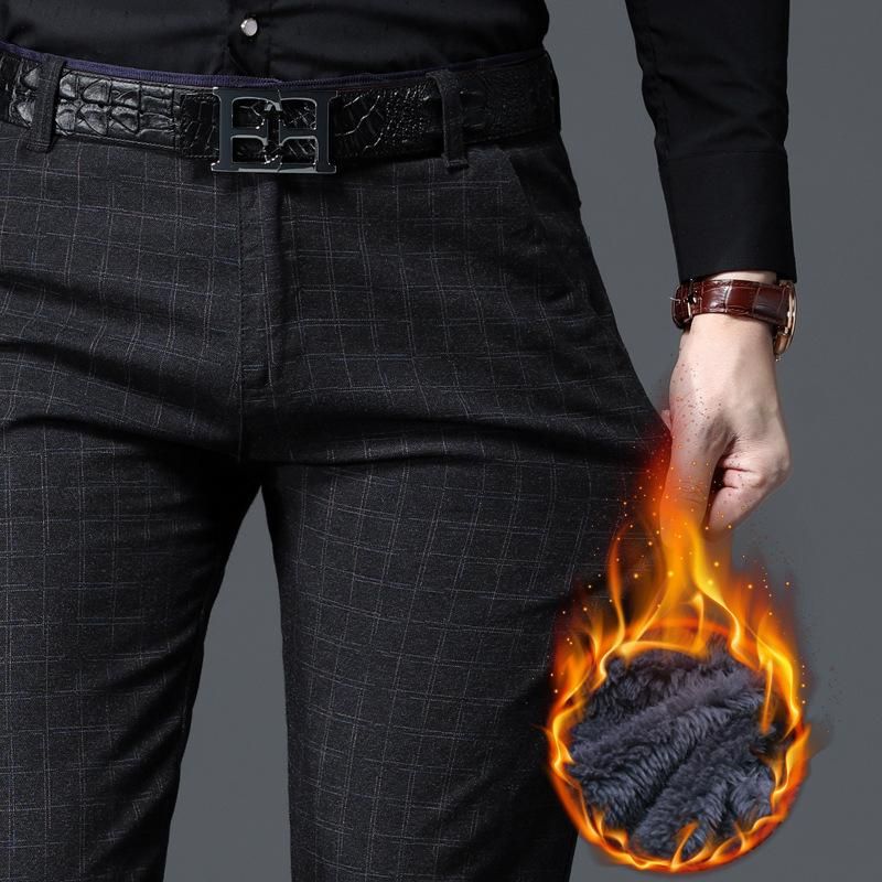 Warm casual pants for men Adjusted business clothes thick velvet black and navy blue winter