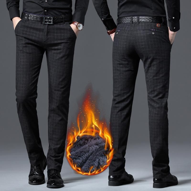 Warm casual pants for men Adjusted business clothes thick velvet black and navy blue winter