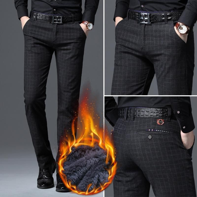 Warm casual pants for men Adjusted business clothes thick velvet black and navy blue winter