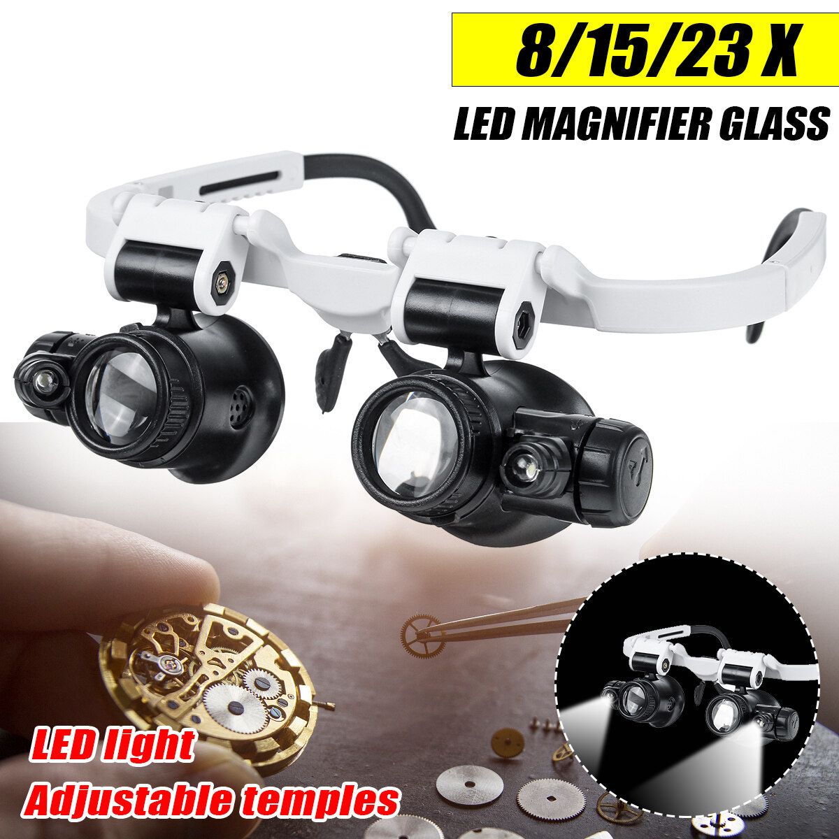 Magnifier Magnifying Eyes Loupe Jeweler Watch Repair Dual LED Light Lens