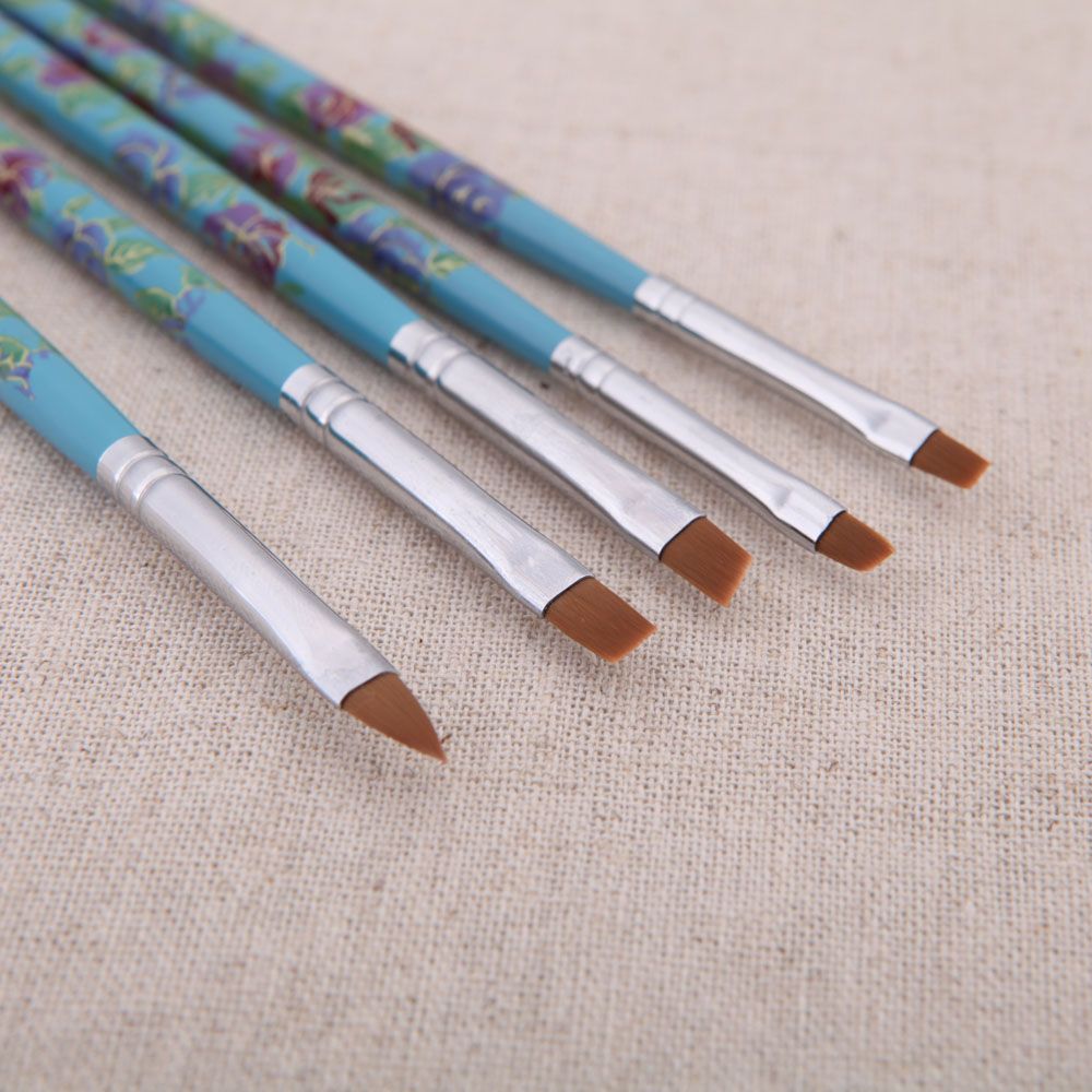 5PCS Nail Art Wood UV Salon Pen Flat Brush Kit Dotting Tool