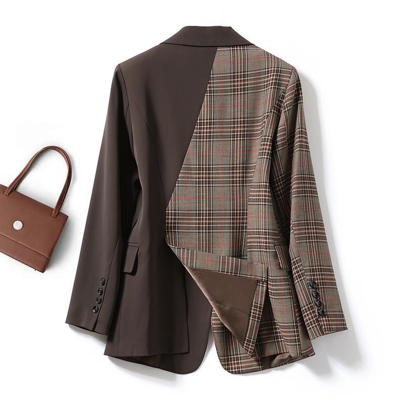 Stitching Plaid Blazer Women's Spring and Autumn 2023 New Autumn Coat Design Sense Niche Slim Fit Retro Suit