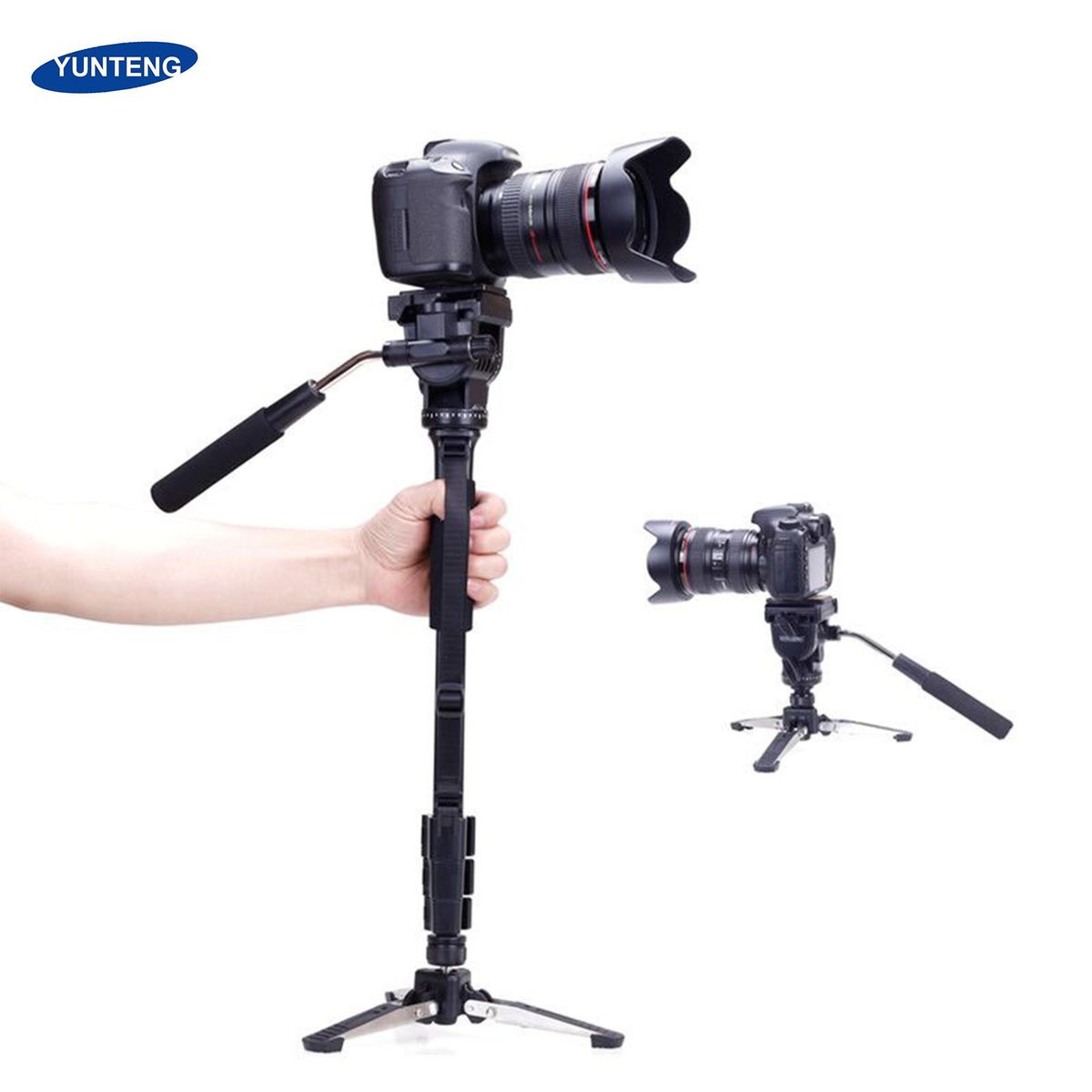 YUNTENG Monopod 58.3 Inch Video Camera Monopod Stand Lightweight Aluminum Alloy Telescopic Monopod with Removable 3-Feet Tripod Base Pan Tilt Fluid Head Carry Bag Compatible with DSLR Camera Camcorder DV
