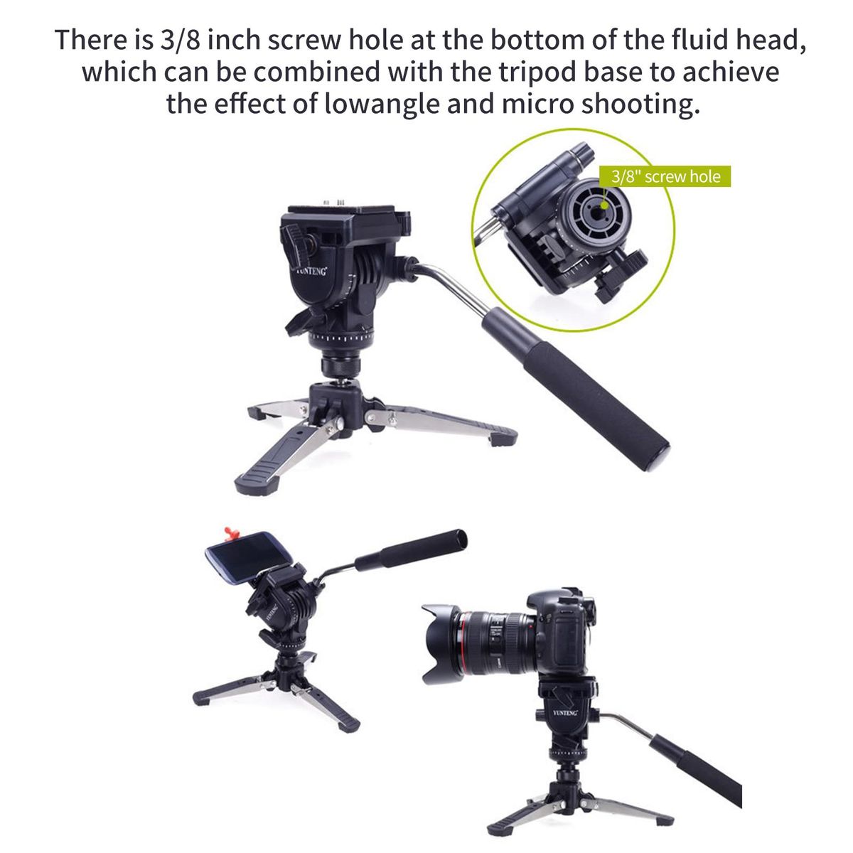 YUNTENG Monopod 58.3 Inch Video Camera Monopod Stand Lightweight Aluminum Alloy Telescopic Monopod with Removable 3-Feet Tripod Base Pan Tilt Fluid Head Carry Bag Compatible with DSLR Camera Camcorder DV