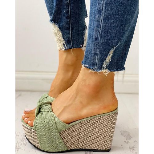 Black Friday Deal Ladies Fashion Bow Wedge Heel Fishmouth Sandals - Green