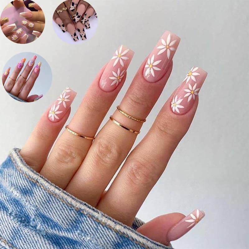 Long Fake Nails Art Tips Press On Nails False Flower Heart