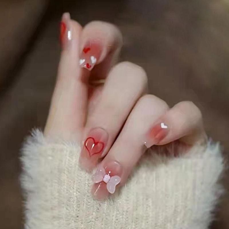 Long Fake Nails Art Tips Press On Nails False Flower Heart