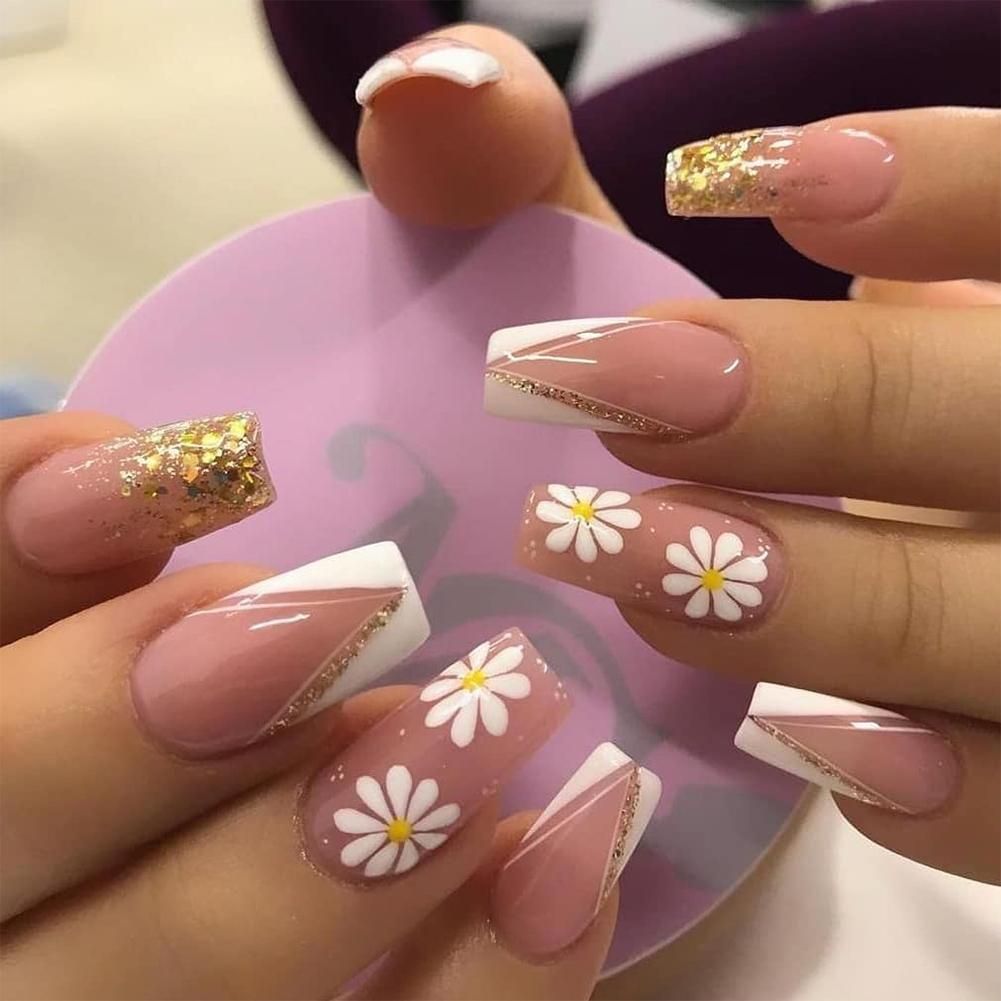 Long Fake Nails Art Tips Press On Nails False Flower Heart