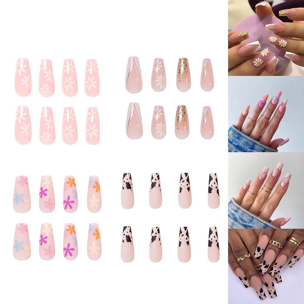 Long Fake Nails Art Tips Press On Nails False Flower Heart