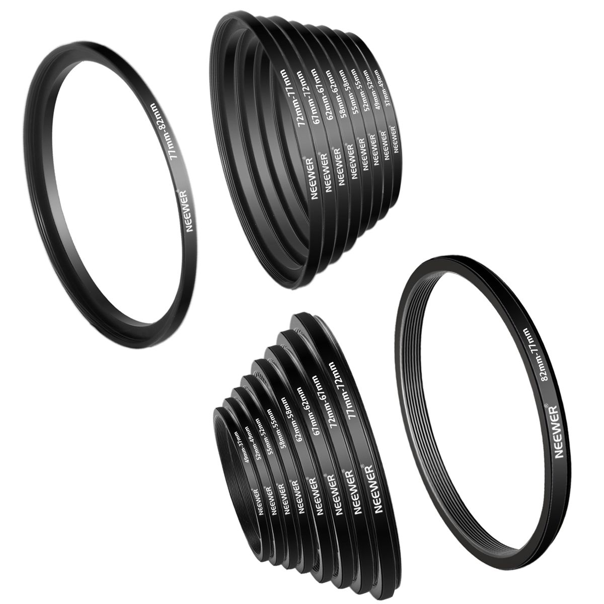 18 Pieces Metal Camera Lens Filter Ring Adapter Kit - 9 Pieces Step Up Ring Setand 9 Pieces Step Down Ring Set For Canon Nikon Sony Olympus DSLR Camera, Black
