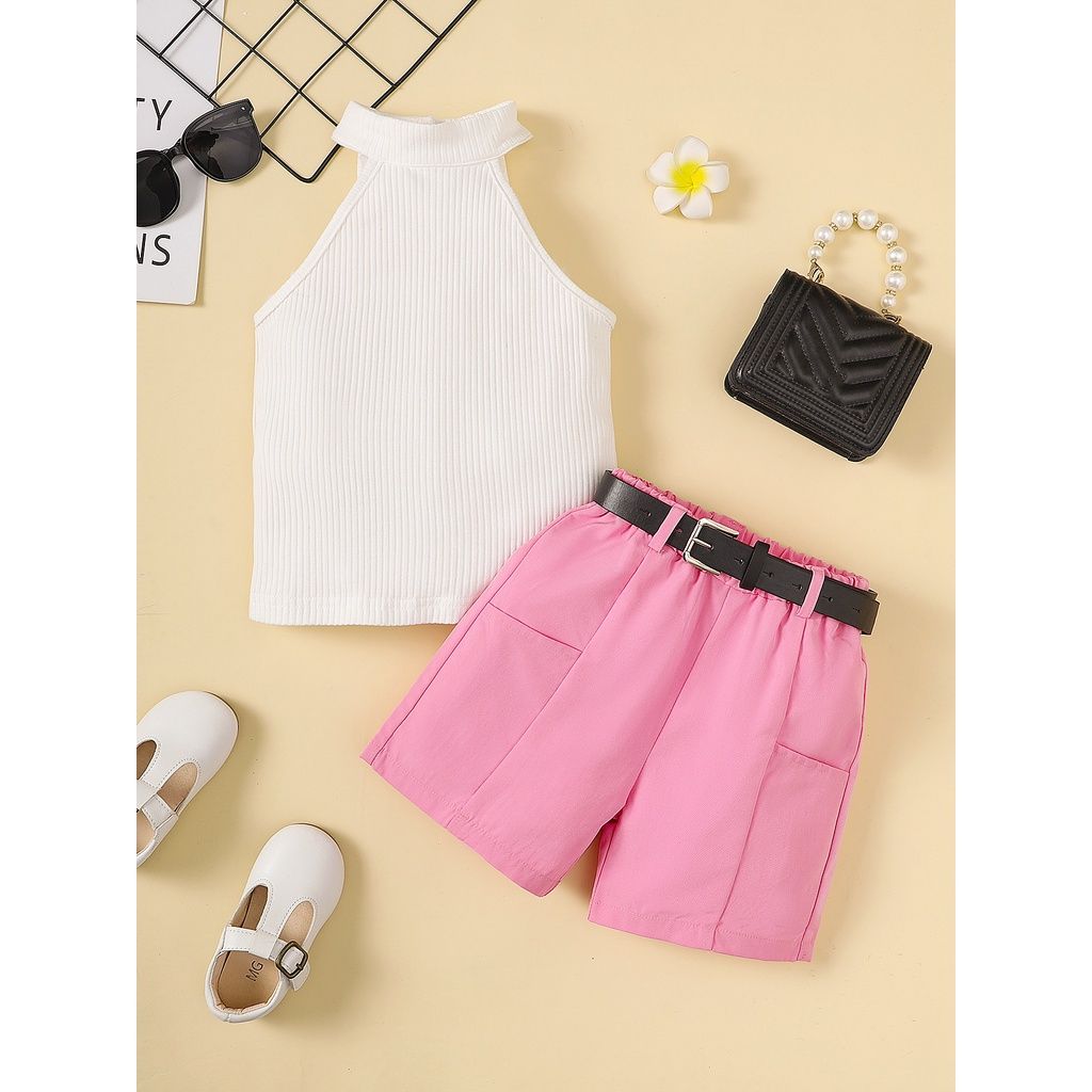 1-6Years Kid Girl Neck Hanging Sleeveless Top+Shorts