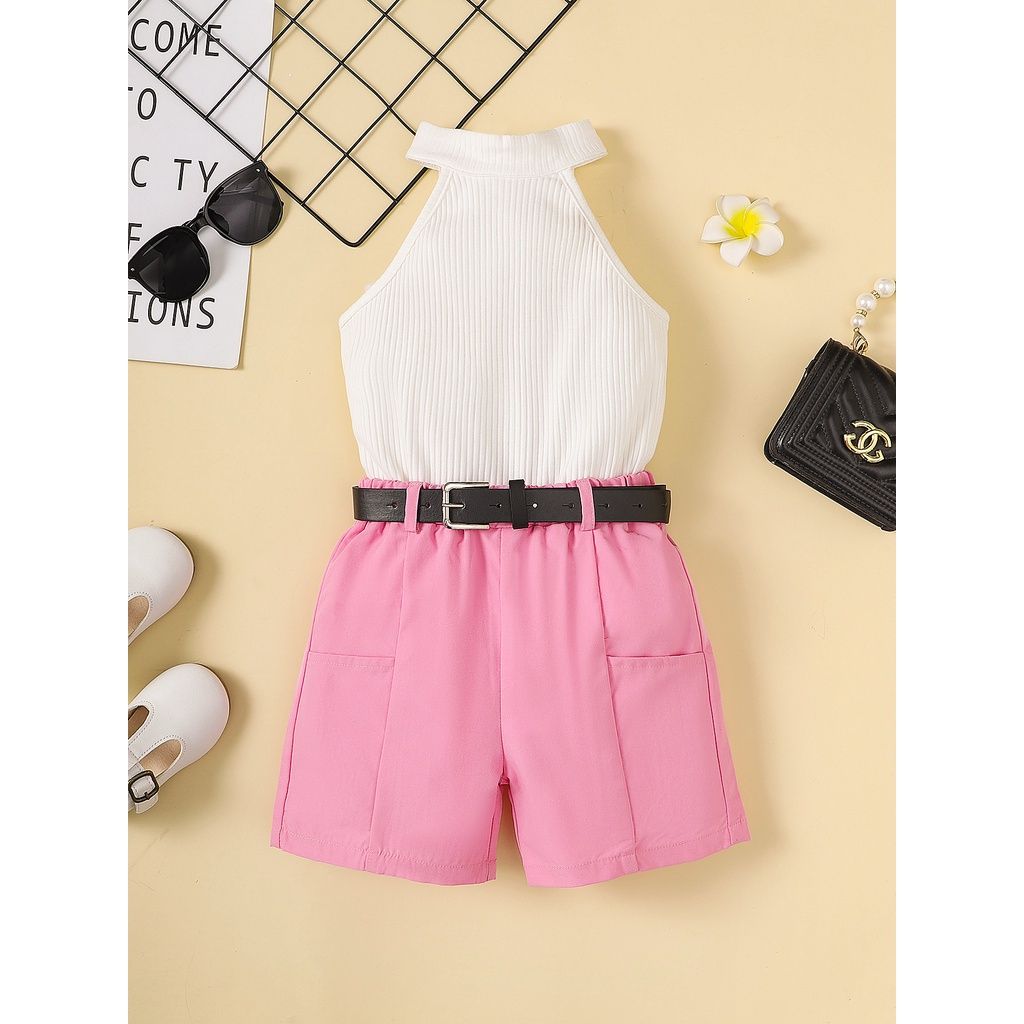 1-6Years Kid Girl Neck Hanging Sleeveless Top+Shorts