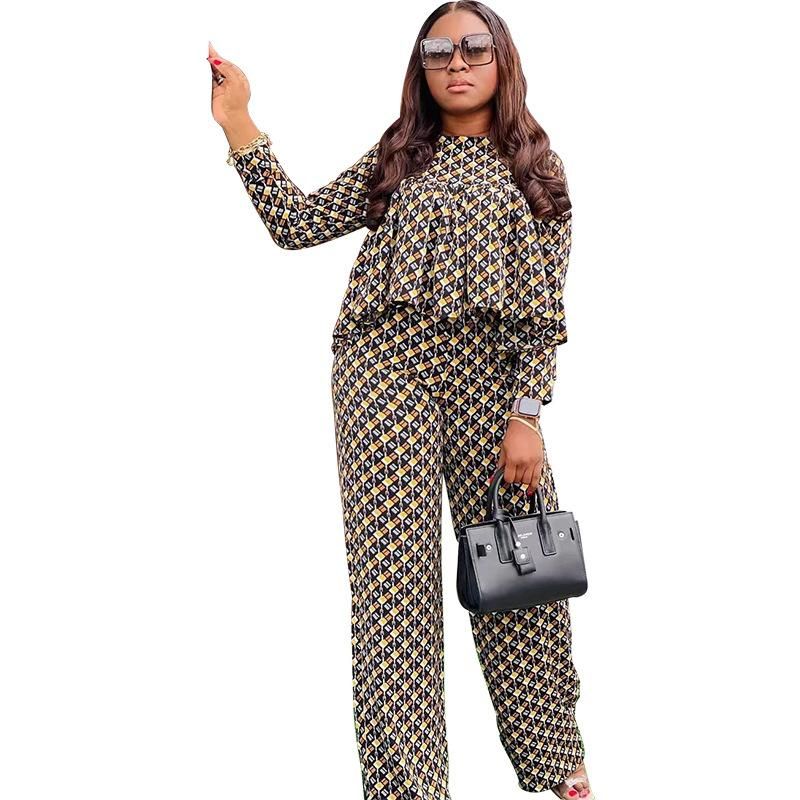 Two-piece Autumn Pleated Plaid Printed Casual Long-sleeved Trousers Yellow