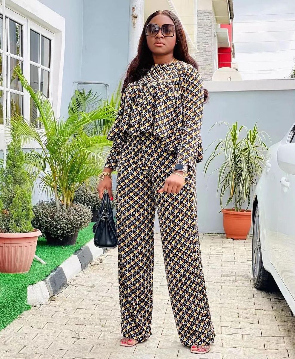 Two-piece Autumn Pleated Plaid Printed Casual Long-sleeved Trousers Yellow