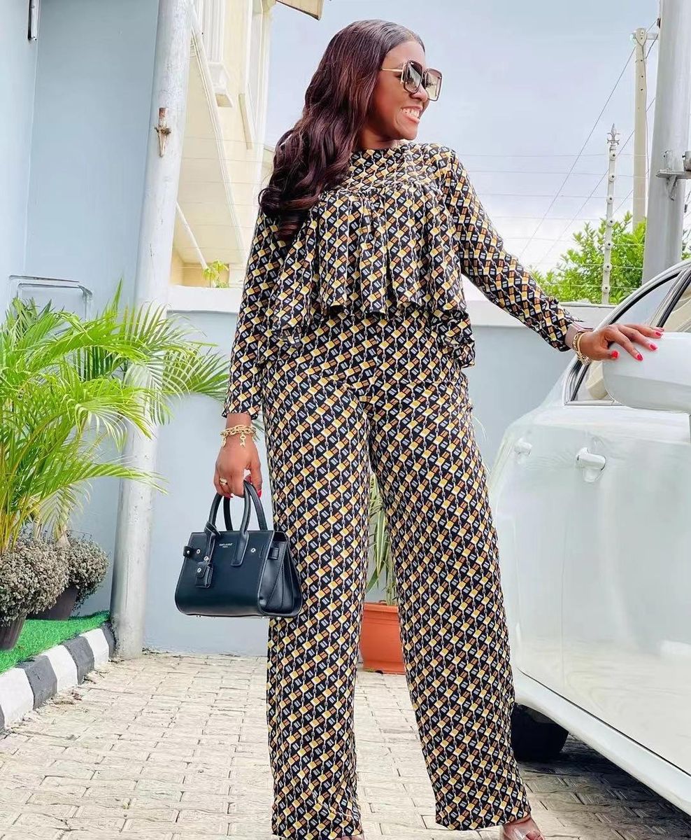 Two-piece Autumn Pleated Plaid Printed Casual Long-sleeved Trousers Yellow