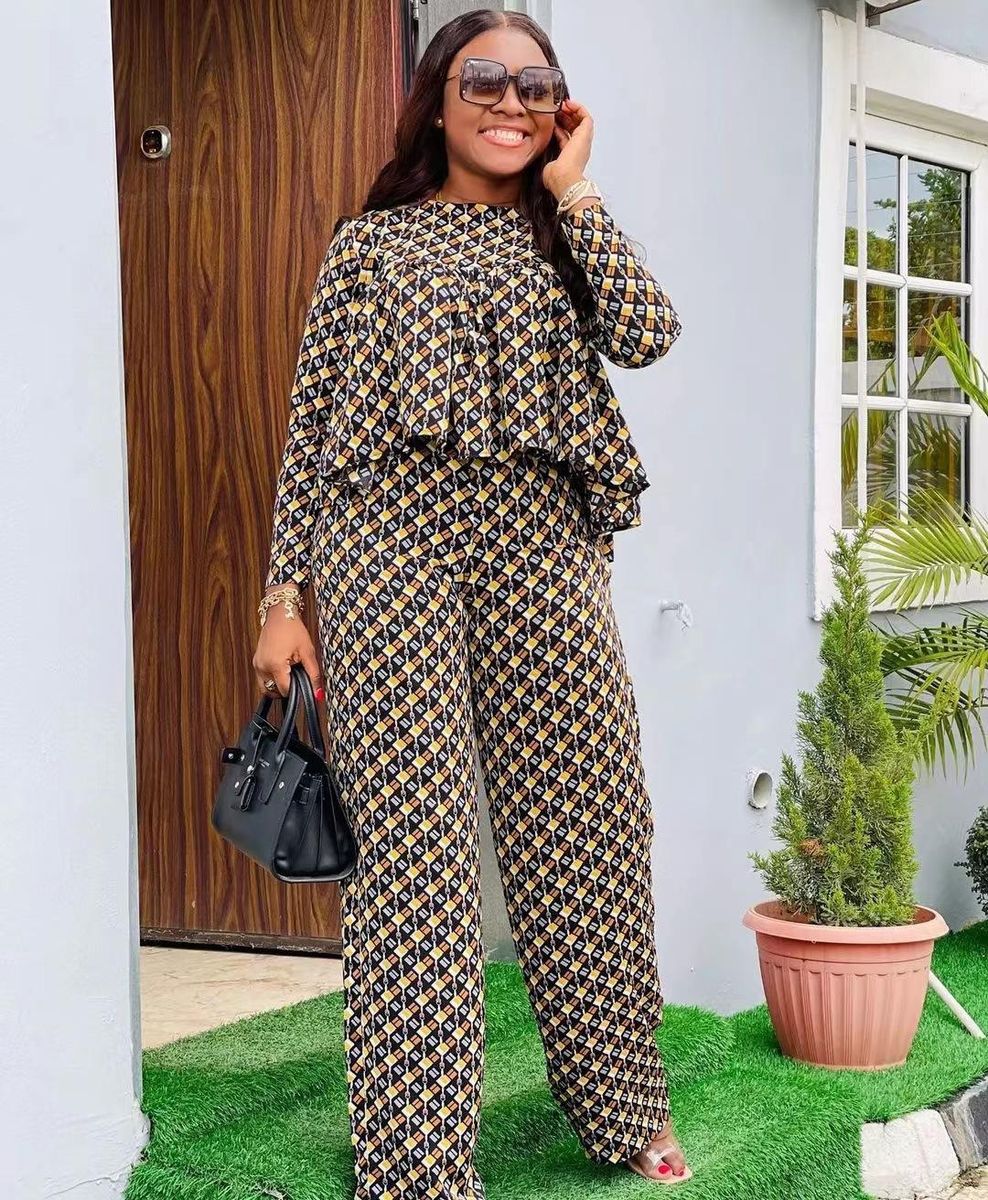 Two-piece Autumn Pleated Plaid Printed Casual Long-sleeved Trousers Yellow