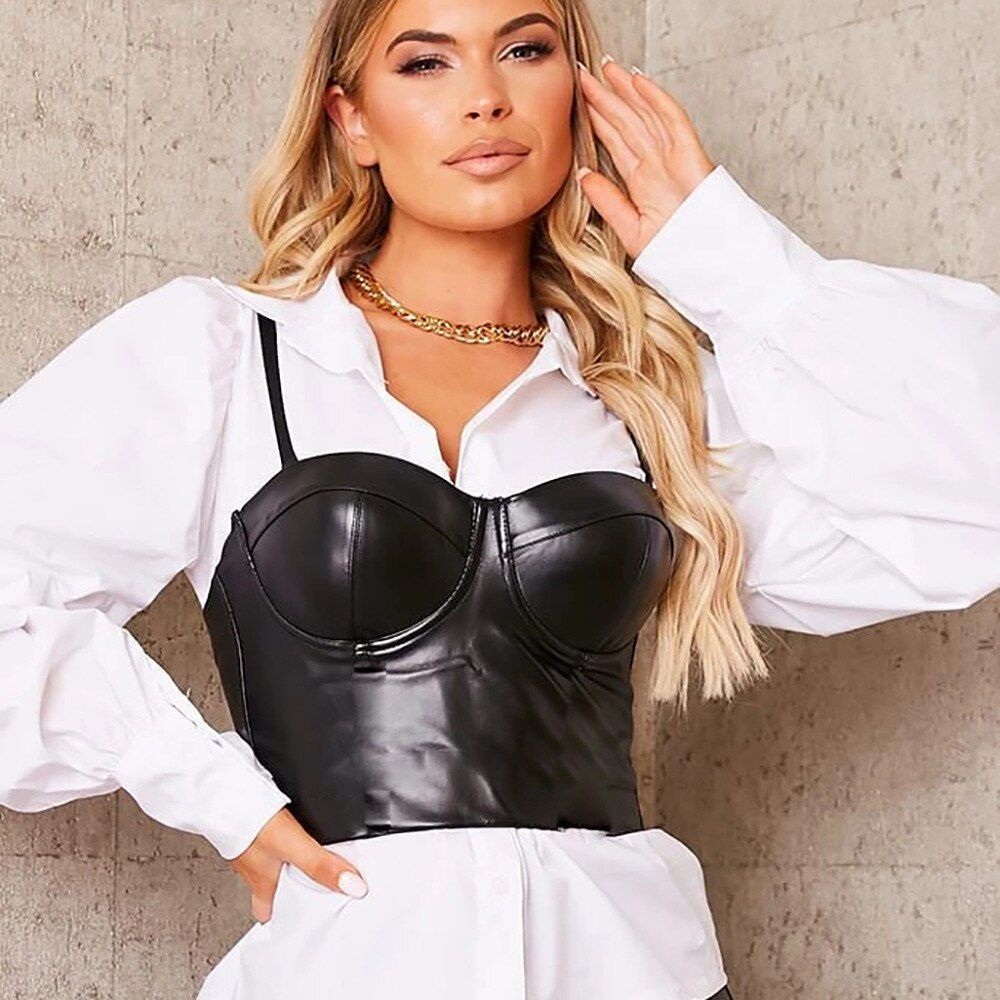 Black Faux Leather Waistcoat Woman Camis Sexy Solid Color Suspender Strap Camis