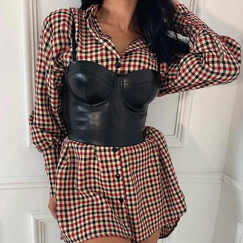 Black Faux Leather Waistcoat Woman Camis Sexy Solid Color Suspender Strap Camis