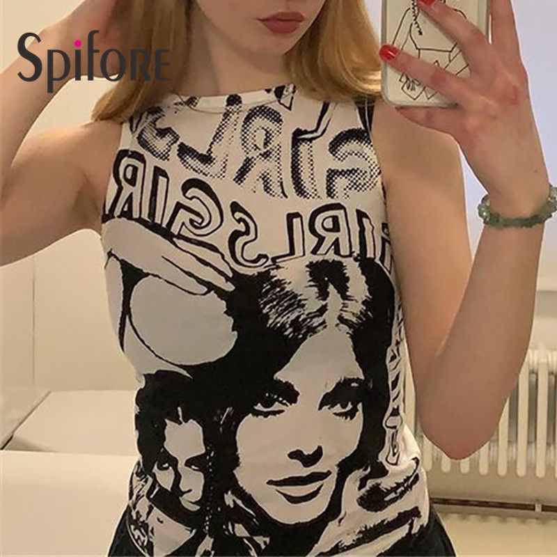 (Black Skirts)Spifore Tie Dye Tank Top Summer Women 2021 Fashion Portrait Print Tops Y2K  Crop Streetwear Sleeveless Graphic T Shirts WAR