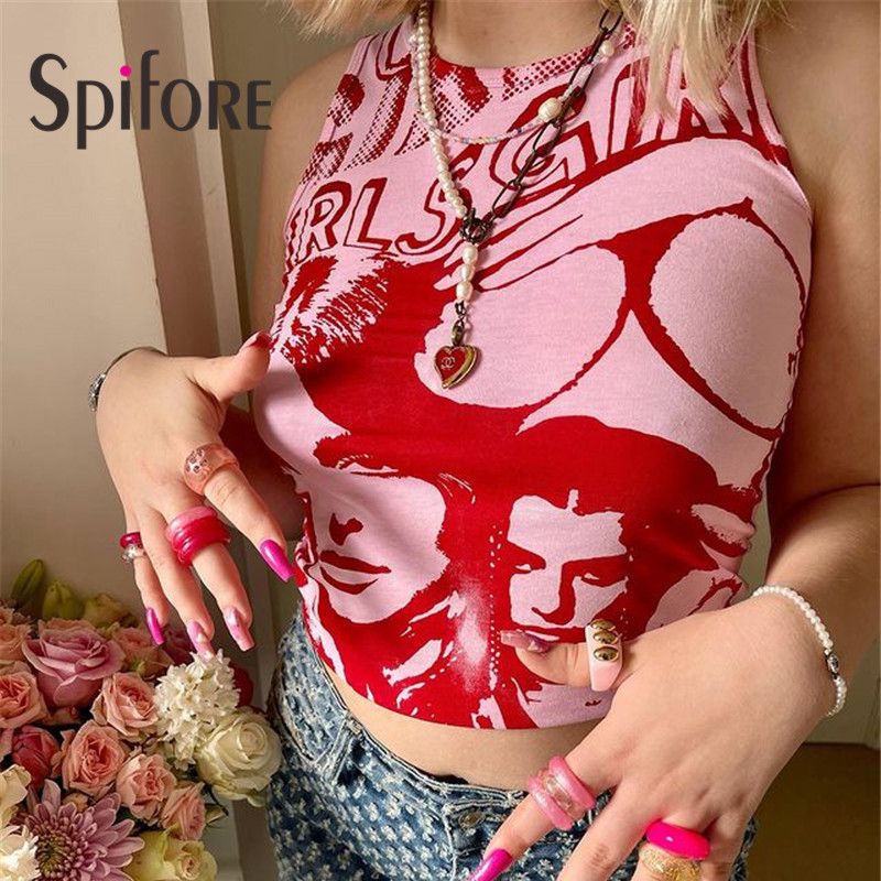 (Black Skirts)Spifore Tie Dye Tank Top Summer Women 2021 Fashion Portrait Print Tops Y2K  Crop Streetwear Sleeveless Graphic T Shirts WAR