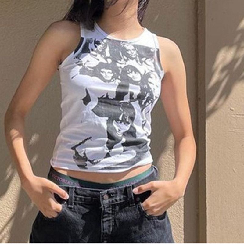 (Black Skirts)Spifore Tie Dye Tank Top Summer Women 2021 Fashion Portrait Print Tops Y2K  Crop Streetwear Sleeveless Graphic T Shirts WAR