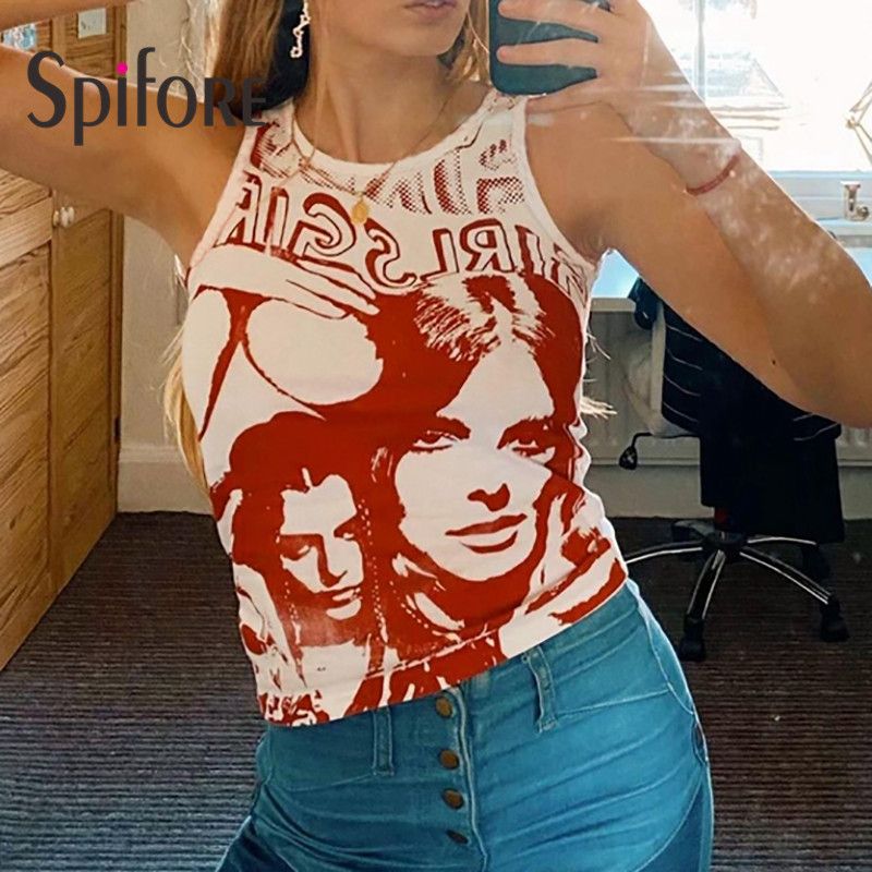 (Black Skirts)Spifore Tie Dye Tank Top Summer Women 2021 Fashion Portrait Print Tops Y2K  Crop Streetwear Sleeveless Graphic T Shirts WAR