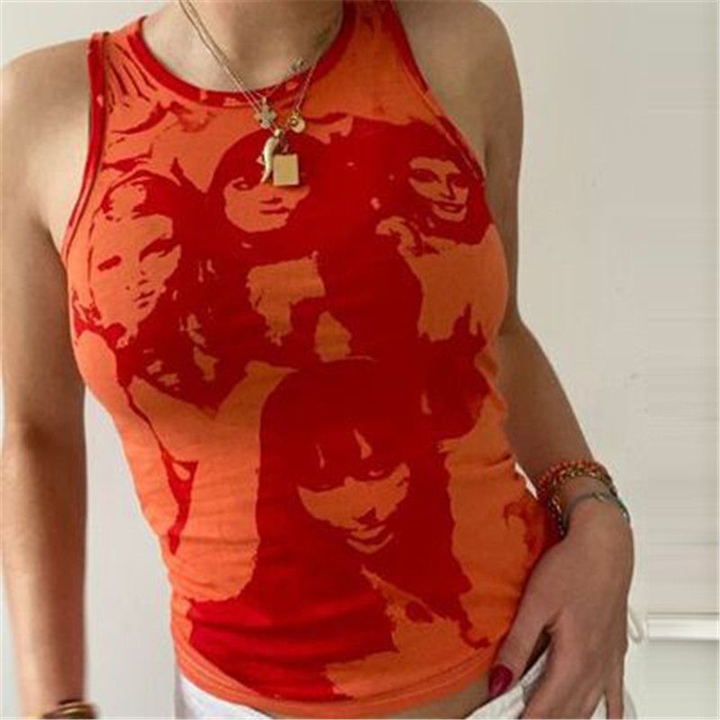 (Black Skirts)Spifore Tie Dye Tank Top Summer Women 2021 Fashion Portrait Print Tops Y2K  Crop Streetwear Sleeveless Graphic T Shirts WAR