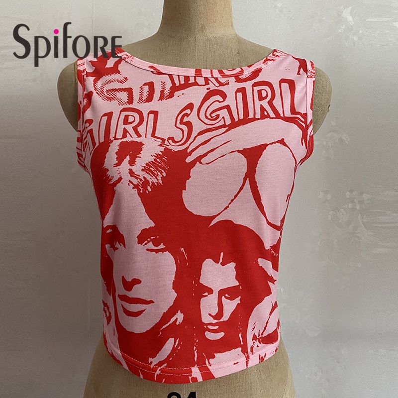(Black Skirts)Spifore Tie Dye Tank Top Summer Women 2021 Fashion Portrait Print Tops Y2K  Crop Streetwear Sleeveless Graphic T Shirts WAR