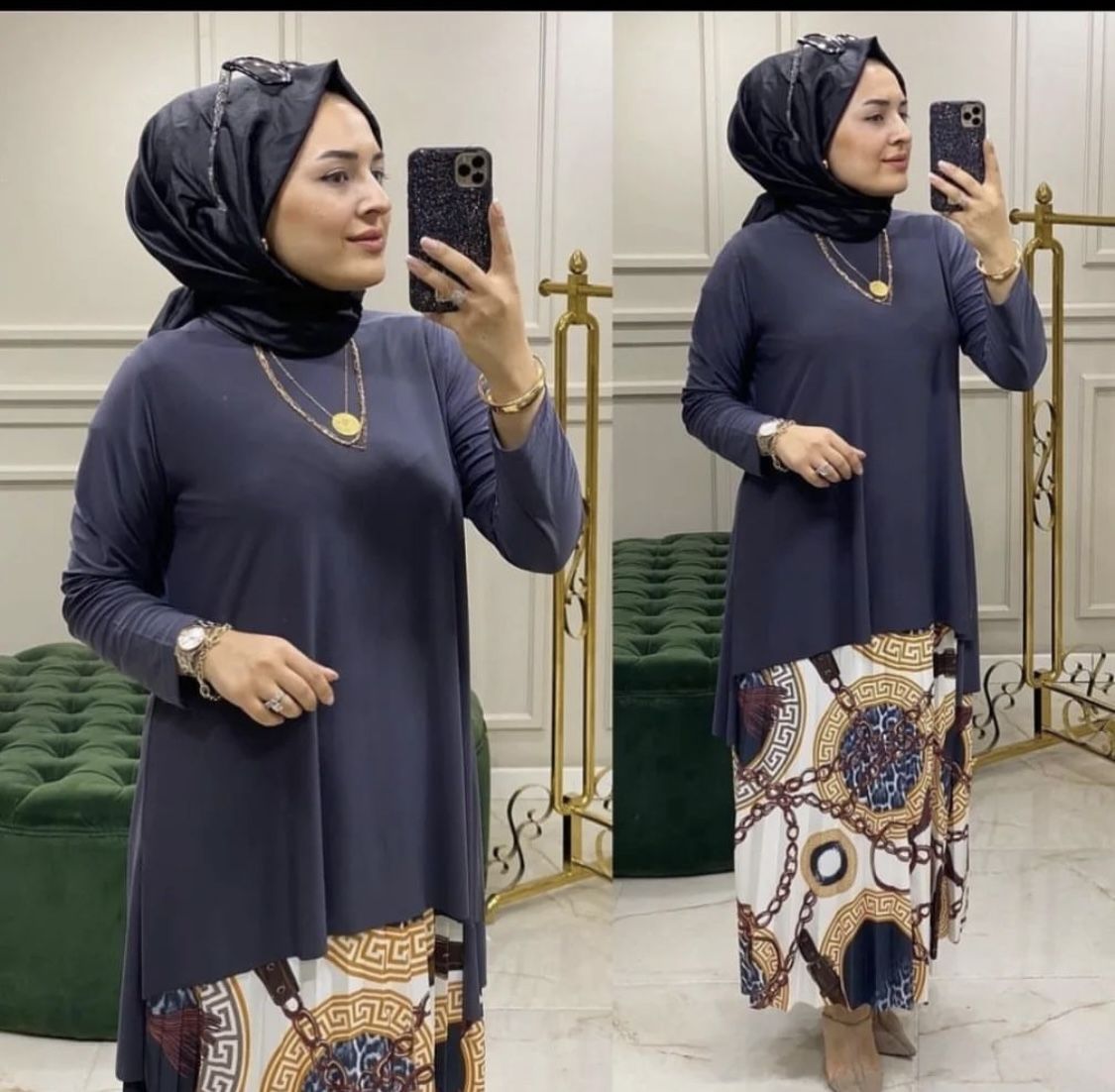 TURKEY MULTICOLORED SKIRT&NAVY-BLUE BLOUSE SET