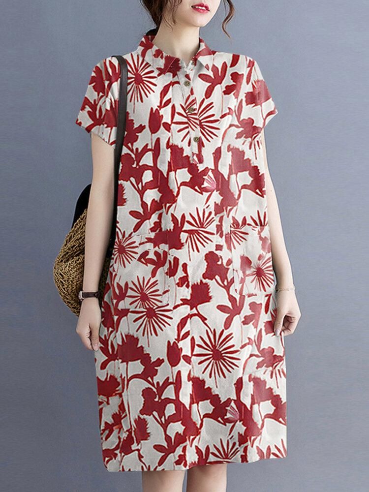 Plant Print Lapel Button Pocket Casual Midi Print Dress