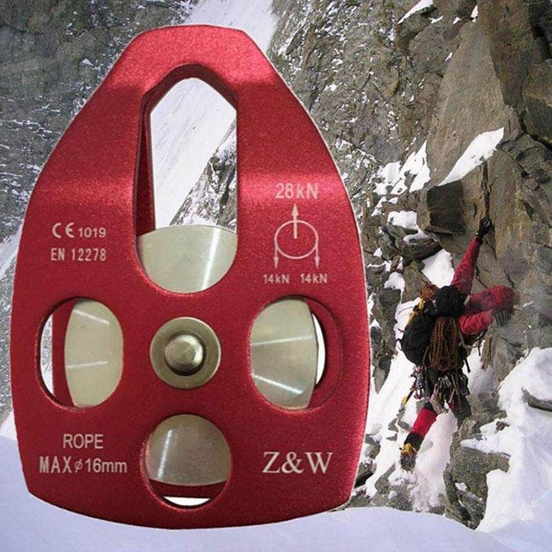 28KN Aluminum Alloy Mobile Side Pulley Axxcssqw 9 Brock Climbing Single Sheave Ball Bearing Rescue Pulley With Swing Plate Surface Polishing Red