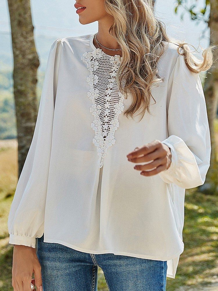 Women Lace Blouse Hollow Out Floral Pattern Thin Shirt