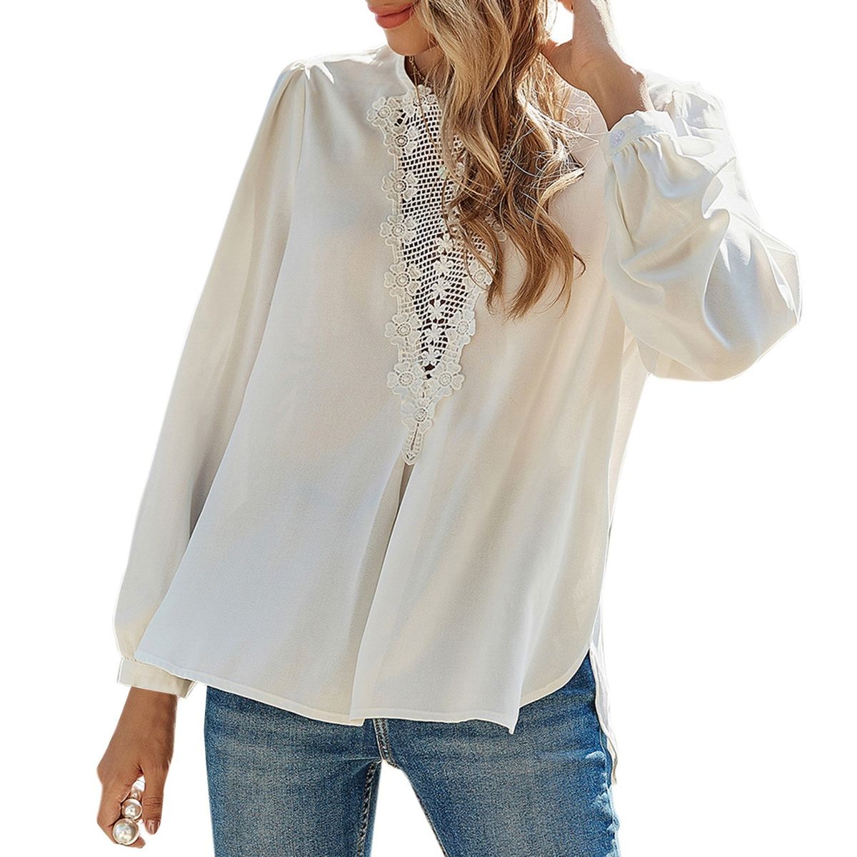 Women Lace Blouse Hollow Out Floral Pattern Thin Shirt