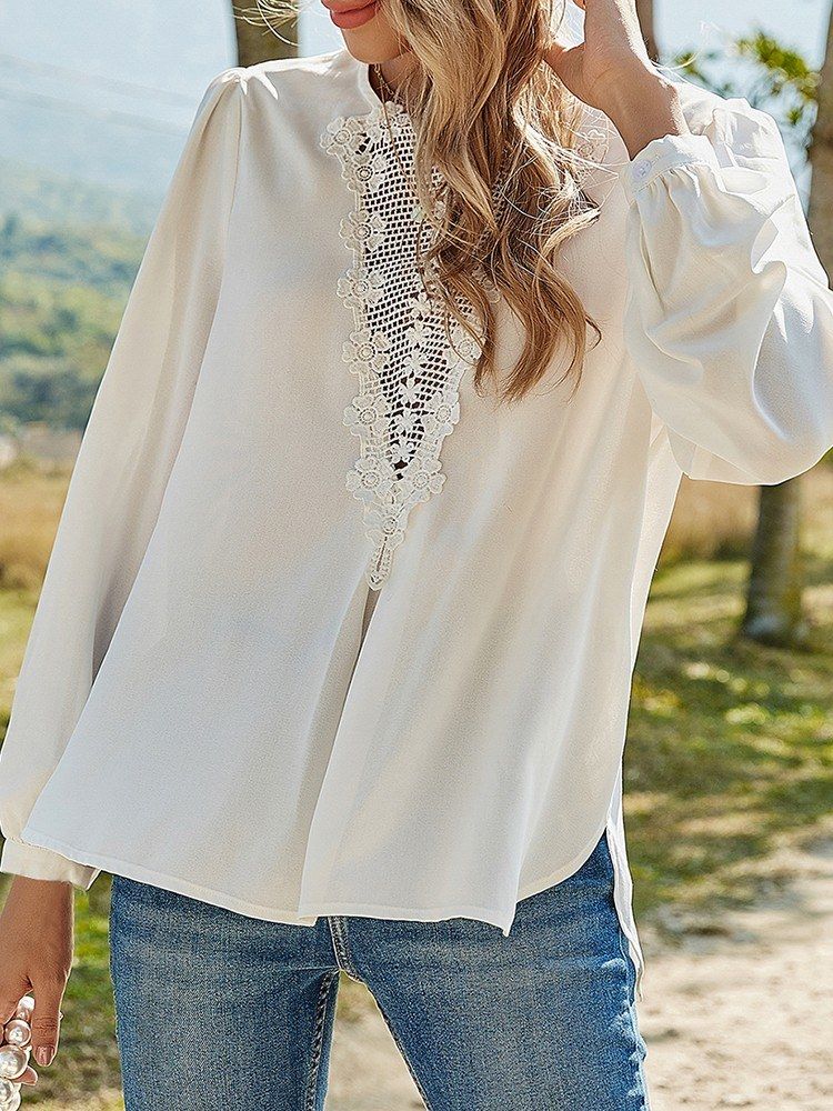 Women Lace Blouse Hollow Out Floral Pattern Thin Shirt