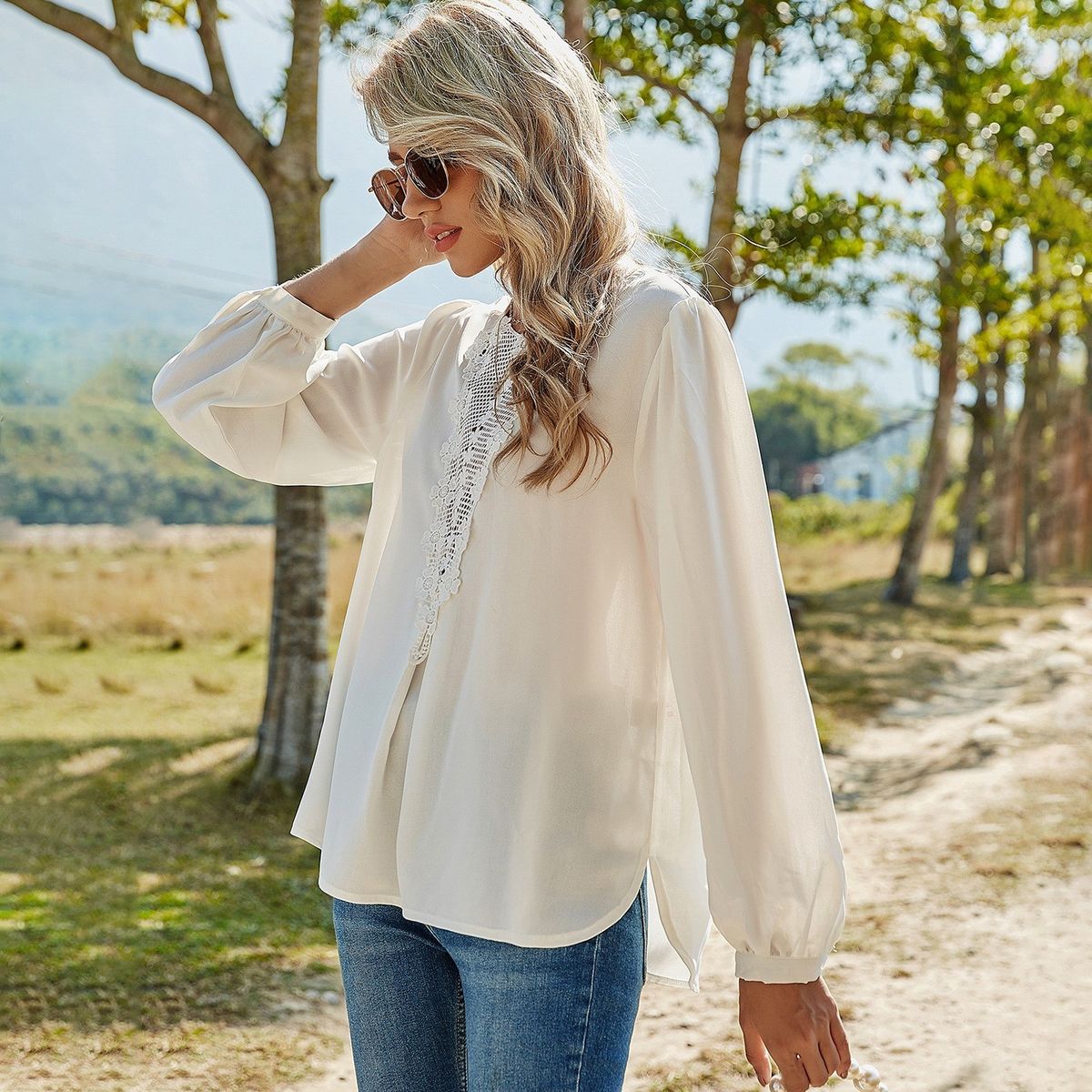 Women Lace Blouse Hollow Out Floral Pattern Thin Shirt