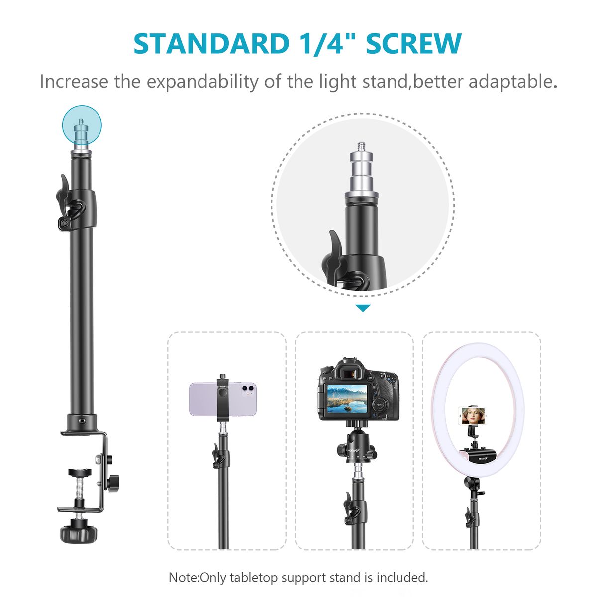 Tabletop Light Stand Clip Stand With 1/4inch Screw For Ring Light And LED Light, Aluminum Alloy, Adjustable 12.5-20.6 Inches/32-52cm For Make Up, Live Streaming, Photo Video Shooting