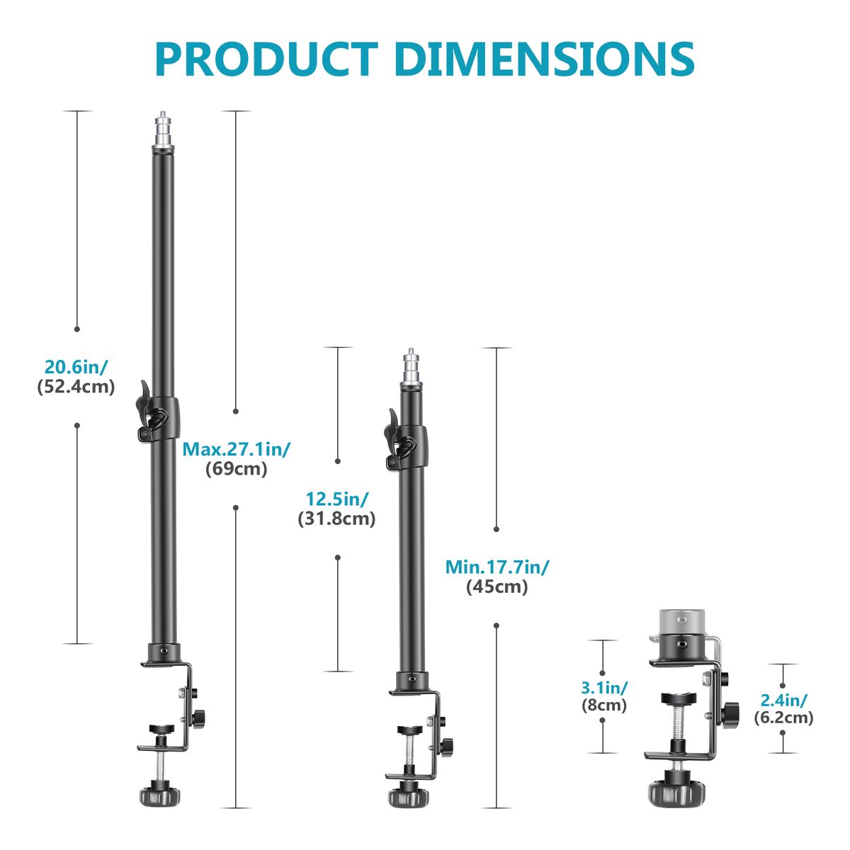 Tabletop Light Stand Clip Stand With 1/4inch Screw For Ring Light And LED Light, Aluminum Alloy, Adjustable 12.5-20.6 Inches/32-52cm For Make Up, Live Streaming, Photo Video Shooting