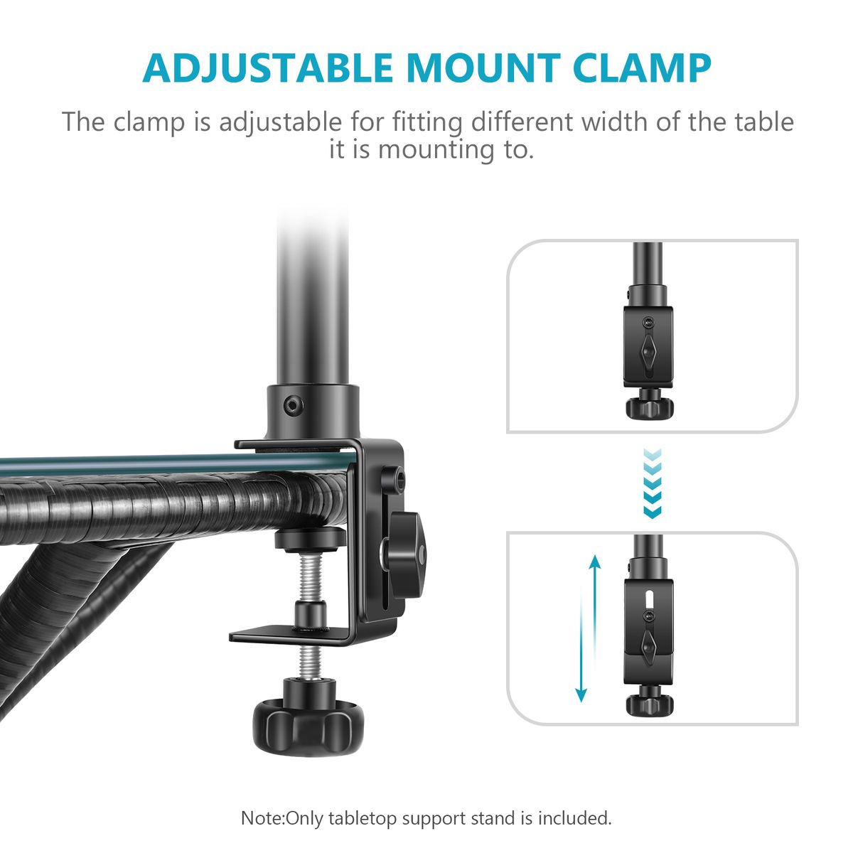 Tabletop Light Stand Clip Stand With 1/4inch Screw For Ring Light And LED Light, Aluminum Alloy, Adjustable 12.5-20.6 Inches/32-52cm For Make Up, Live Streaming, Photo Video Shooting