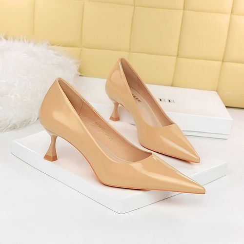 Low Heels Ladies Pumps Shiny Patent Leather Women Shoes Beige