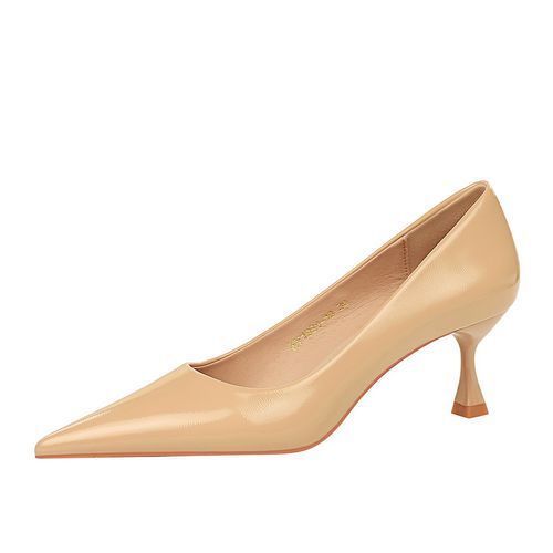 Low Heels Ladies Pumps Shiny Patent Leather Women Shoes Beige