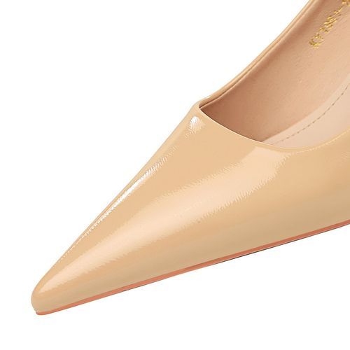 Low Heels Ladies Pumps Shiny Patent Leather Women Shoes Beige