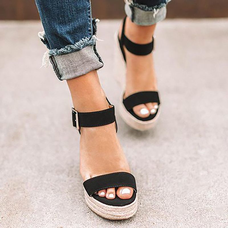 Women Sandals Ankle Strap Straw Wedges High Heel Shoes