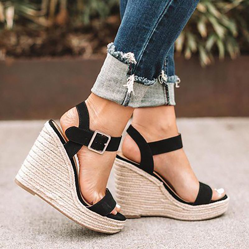 Women Sandals Ankle Strap Straw Wedges High Heel Shoes