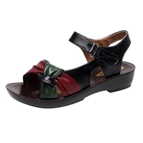 Women Summer Fashion Leather Knot Sandals Wedges Comfort Big Size Shoes-Black