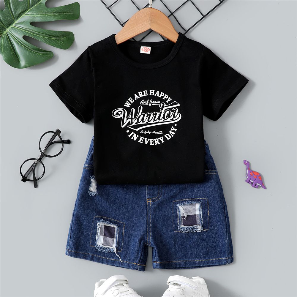 2-6 Years Kid Boy Set Alphabet Printing T-shirt+Ripped Denim Shorts