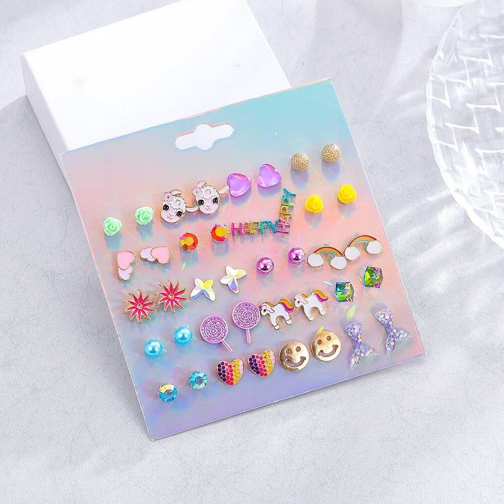 Rainbow Cute Lollipop Alpaca Unicorn Mix Earring Set For Girls Crystal Statement Earring Jewelry Metal Party Christmas Earrings