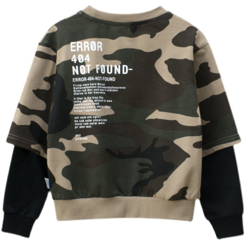 100% Cotton False Two-piece Kids Long Sleeve Boys Pullover Sweatshirts-Khaki