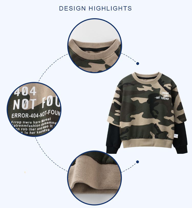 100% Cotton False Two-piece Kids Long Sleeve Boys Pullover Sweatshirts-Khaki