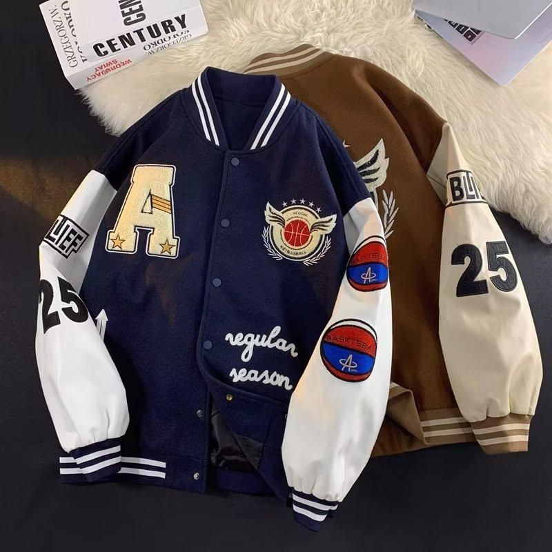 2022 American letter flocked jacket trend Woo exclusive men and women's versatile thick jacket