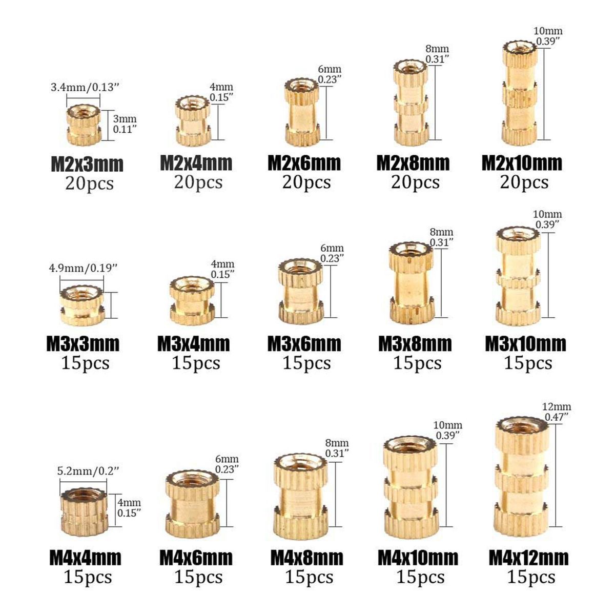 250x Brass Threaded Inserts Nut Assortment Kit For Daily Repair 3D